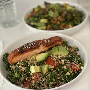 Salmon bowl and power chopped salad