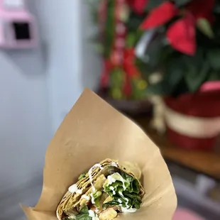 a hand holding a wrap of food