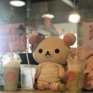 Two Matcha Frapps and Mini Macaroons with a cute Bear 3