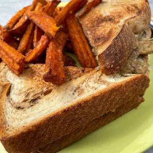 Vegan Reuben with sweet potato fries
