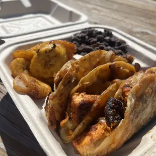 Quesadilla dinner with blackened whitefish. Sides: beans and fried plantain.