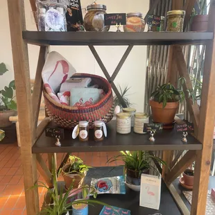 a shelf with various items