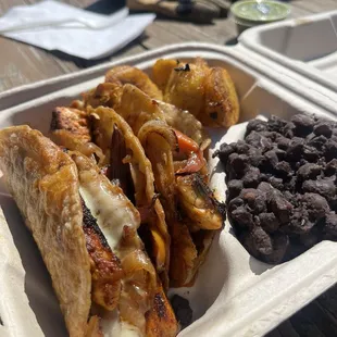 Quesadilla dinner with blackened whitefish. Sides: beans and fried plantain.