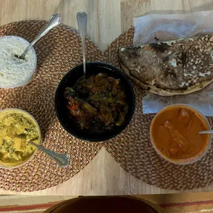 Tandoori lamb chops, Butter chicken. Saag Paneer &amp; Garlic cheese naan