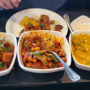 Aloo Gobi, Chana Masala, and Saag Paneer. All gluten-free, vegetarian, and very yummy