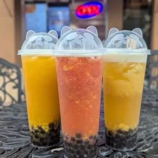 (Left) Mango Boom  (Middle) Strawberry Mango  (Right) Pineapple Express