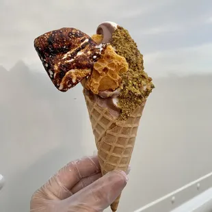 Twist in a waffle cone with a handmade vanilla bean marshmallow and honeycomb brittle.
