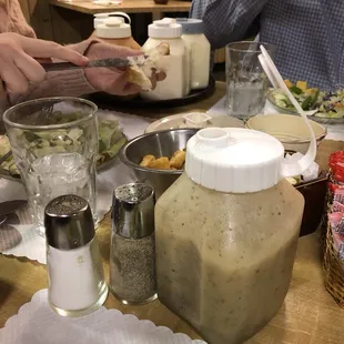 Salads come with many choices of dressing that are all brought to the table
