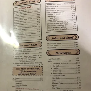 Appetizers, children's menu, etc