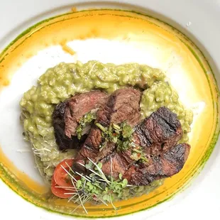 Pesto Risotto with Tenderloin with chimichurri $34.    3.5*