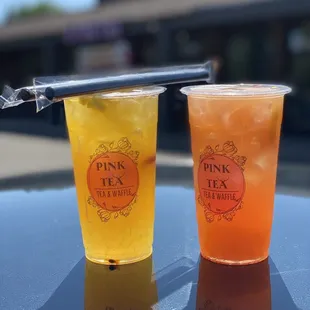 Mango Passion Jasmine Tea on the left and Peach Strawberry Oolong Tea on the right