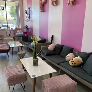 the waiting area of a salon