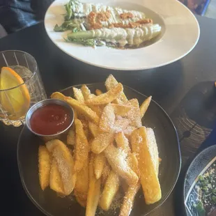 Truffle fries and Caesar salad.