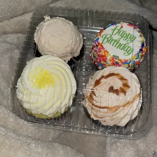 Cookie Dough, Happy Birthday Confetti, Lemon and Salted Caramel Cupcakes.