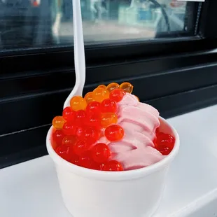 Pomegranate frozen yogurt with bursting boba