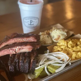 Brisket, ribs, rice, Mac and cheese