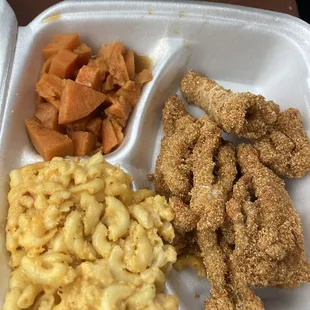 Fried Catfish Nuggets Mac and Cheese and Candied Yams