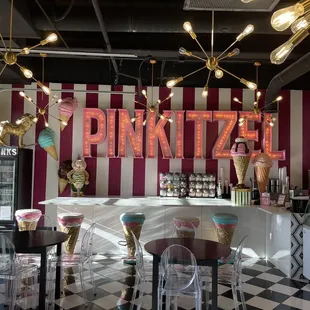 the interior of a pinkitzel ice cream shop
