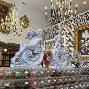 a large display of decorative items in a store