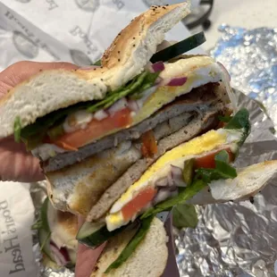Everything bagel with egg and sausage