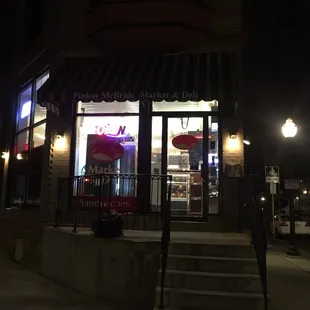 a storefront at night