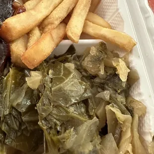 Fries, collards &amp; cabbage.  Yuuuuuuum