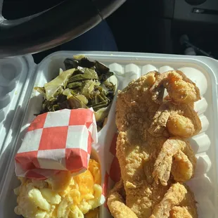Fried Whiting &amp; Louisiana Fried Fish and Shrimp Platter with collard and macaroni &amp; cheese
