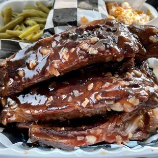 Pecan Smoked Ribs w green beans, sweet potato casserole and cornbread. Pecan Wood Smoked Rib Dinner