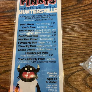 Kids menu