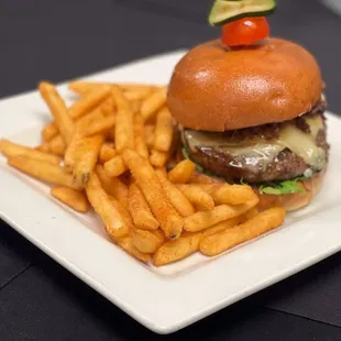 a hamburger and french fries