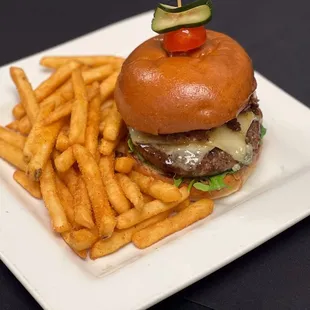 a hamburger and french fries