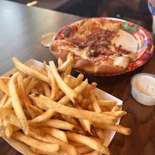 all meat flatbread pizza and fries