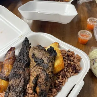 Gallo pinto, Queso frito, maduros, and carne asada