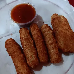 Mozzarella sticks (with red water disguised as marinara sauce)