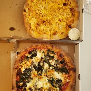 Top: Buffalo chicken Bottom: Pino&apos;s special pizza