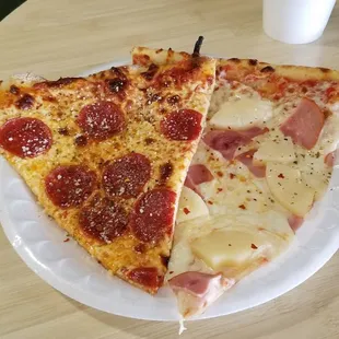 two slices of pizza on a paper plate
