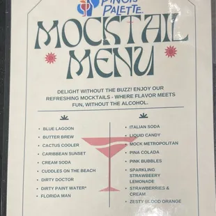 Mocktail Menu (as of 6/27/2024)