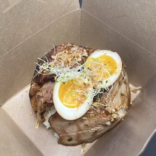 Pork belly, coconut rice, soft boiled egg