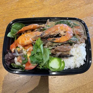 Seafood in coconut milk (a take on adobong pusit) w/rice and salad