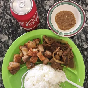 Combo meal includes 2 sides and 1 rice for $7. Lechon kawali and Bistek! Yum!