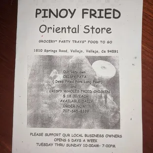 Front of their catering menu - as of 11/20/20