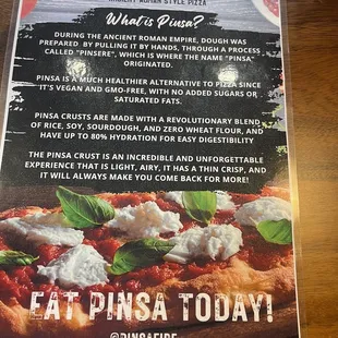 a menu for a pizza