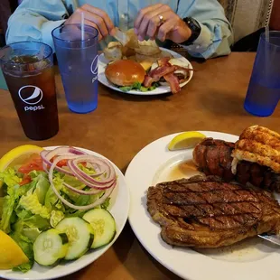 Bacon cheeseburger w/ homemade chips. Steak &amp; Lobster. Everything perfect!