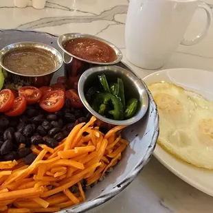 Vegetarian special order Southwest Breakfast Bowl with 2 eggs instead of chicken, added fresh sliced jalapeño,  salsa, side of  potatoes.
