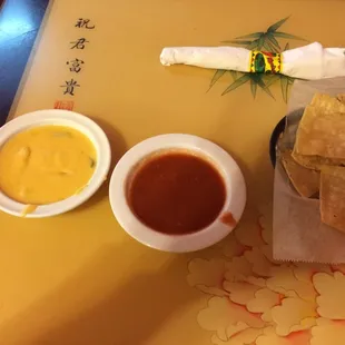 The cheese and salsa and chips with the meal