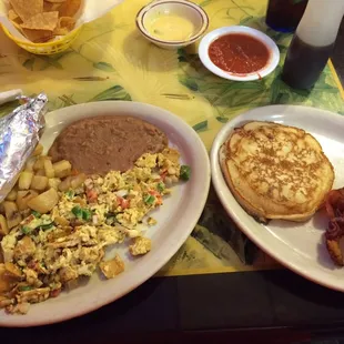 Migas plate with bacon and a pancake added.