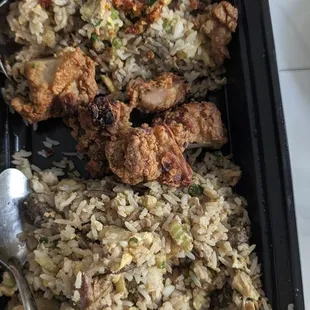 We made fried rice and added some left over chicken from a  Ramen Spot