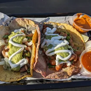 Pinto tacos and salsas