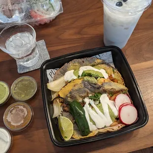 Pinto tacos (al pastor and carne asada), salsas, blueberry horchata