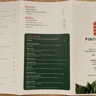 the menu for the restaurant